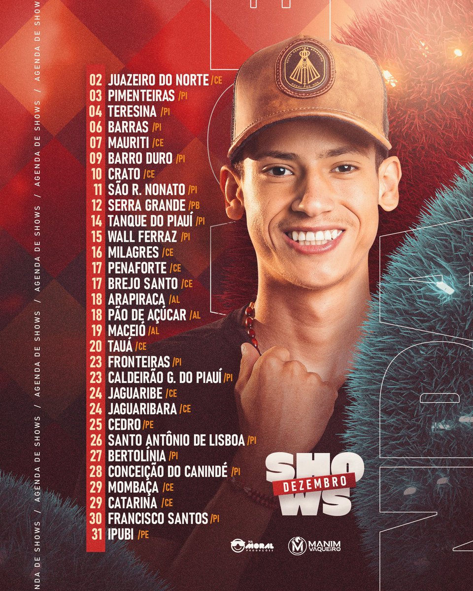 OficialManim's tweet photo. Este mês vai ser trupé, menino! 💥💥💥 Dá uma olhada na nossa agenda de dezembro e me diz aonde a gente vai se encontrar! 😊 https://t.co/U8nNpSVnBF