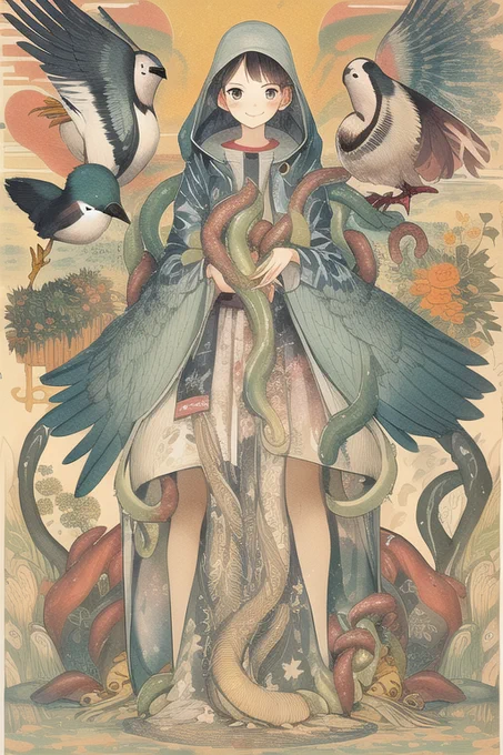 なんとなく、書物系で有効なタグを探してるんですけど、"The Birds of America"(『アメリカの鳥類』って有名なやつ)も有効ですね。  呪文はALTに。 #AIイラスト #AIArt #NovelAI #NovelAIDiffusion