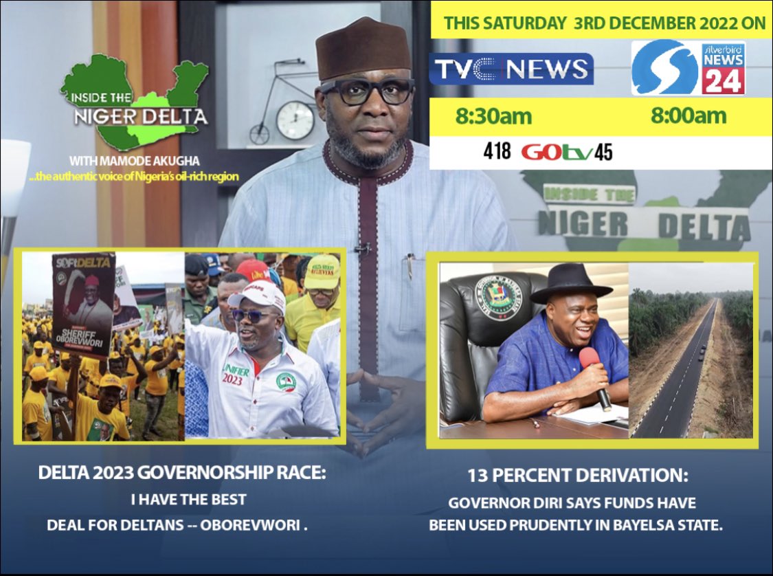 ndntvnigeria's tweet photo. Join us today for another episode of Inside The Niger Delta with Mamode Akugha. By 8:30am with @tvcnewsng and by 8:00am with @SilverbirdN24  

#insidethenigerdelta #insidethenigerdeltawithmamodeakugha https://t.co/3yhNqUBVGy
