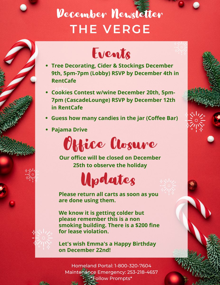 #thevergeauburn #auburn Keep up to date with our monthly newsletter. Come join us this month in all our holiday events. Win prizes, sip wine &amp; eat sweets. Let's also wish our wonderful APM Emma a Birthday on December 22nd! 