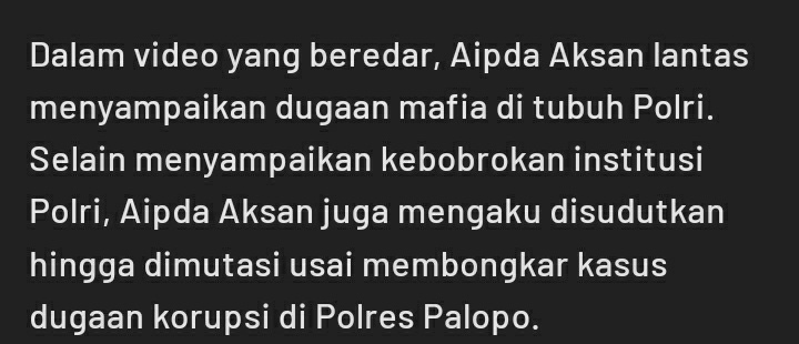 alfareadzi's tweet photo. @txtdrberseragam Akibat menyampaikan kebobtokan institusi, Aipda Aksan kemudian dimutasi dari Polres Palopo ke Polres Tana Toraja 😔 https://t.co/Uc1jMLXtFT