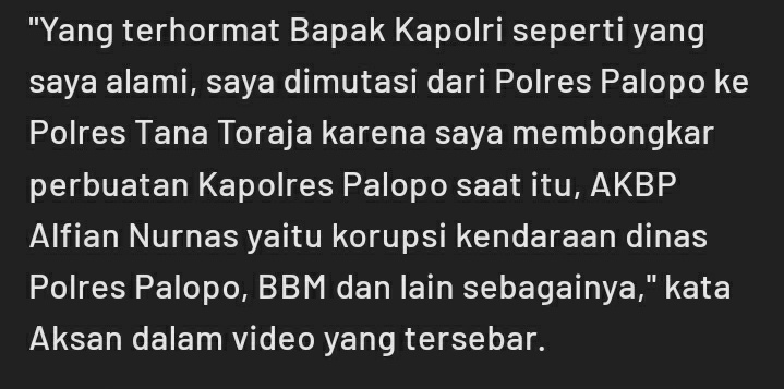 alfareadzi's tweet photo. @txtdrberseragam Akibat menyampaikan kebobtokan institusi, Aipda Aksan kemudian dimutasi dari Polres Palopo ke Polres Tana Toraja 😔 https://t.co/Uc1jMLXtFT