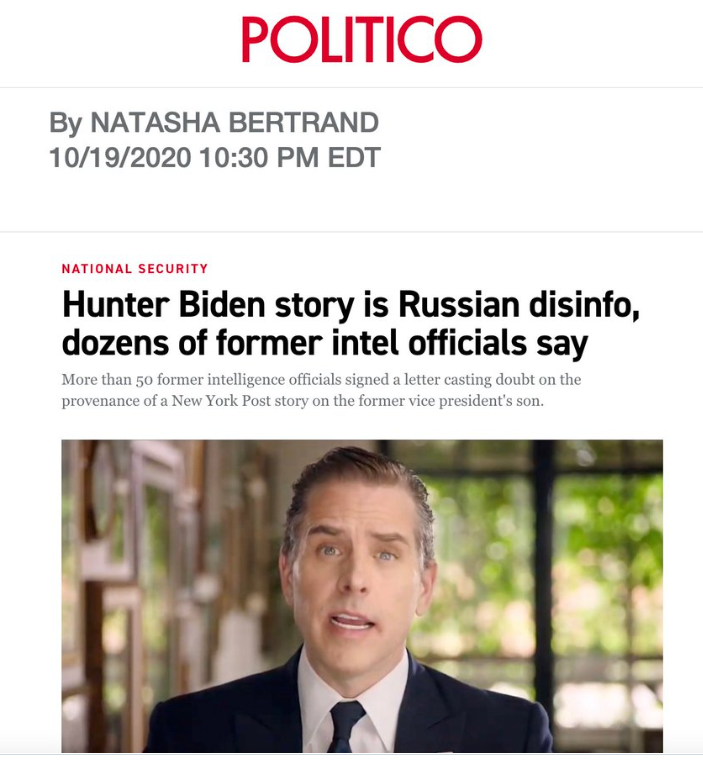 The most damning aspect of the entire Laptop from Hell suppression is the clear collusion that unfolded, with the Intelligence Community providing a lie as cover for both Big Tech and Big Media to block and ignore the most blockbuster story of the entire 2020 campaign.