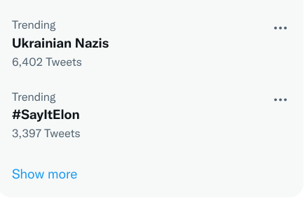 tasmaniacal1's tweet photo. "Ukrainian Nazis" is now a permanent fixture on Twitter Trending, as it should have been since 2014. https://t.co/f10rYSGepQ