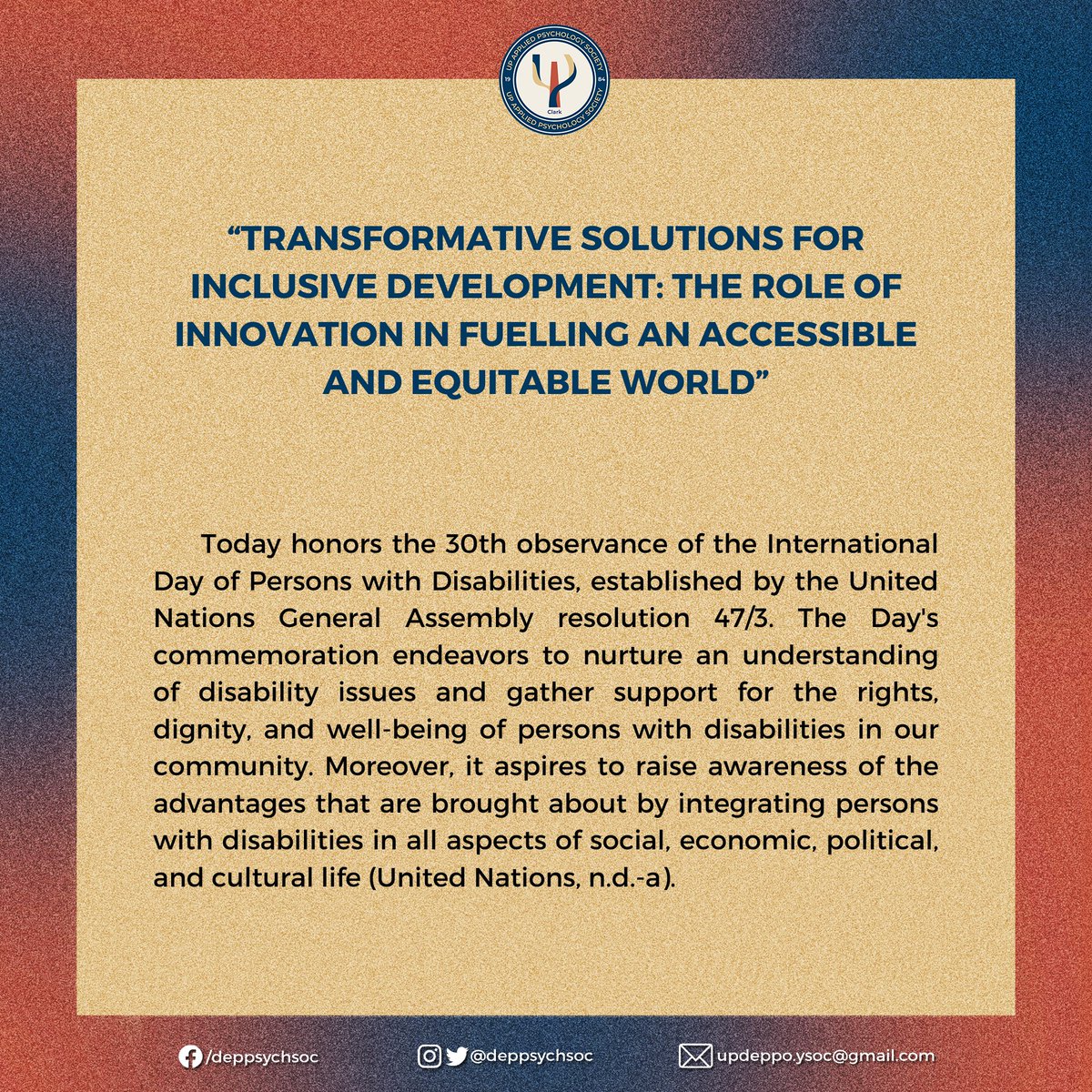 deppsychsoc's tweet photo. “Human rights of all persons with disabilities are an inalienable, integral, and indivisible part of all human rights and fundamental freedoms” -United Nations, 2022

As we continue creating an inclusive community, the advancement of the world should also revolve around...
[1/3] https://t.co/00Ph0s6VJz