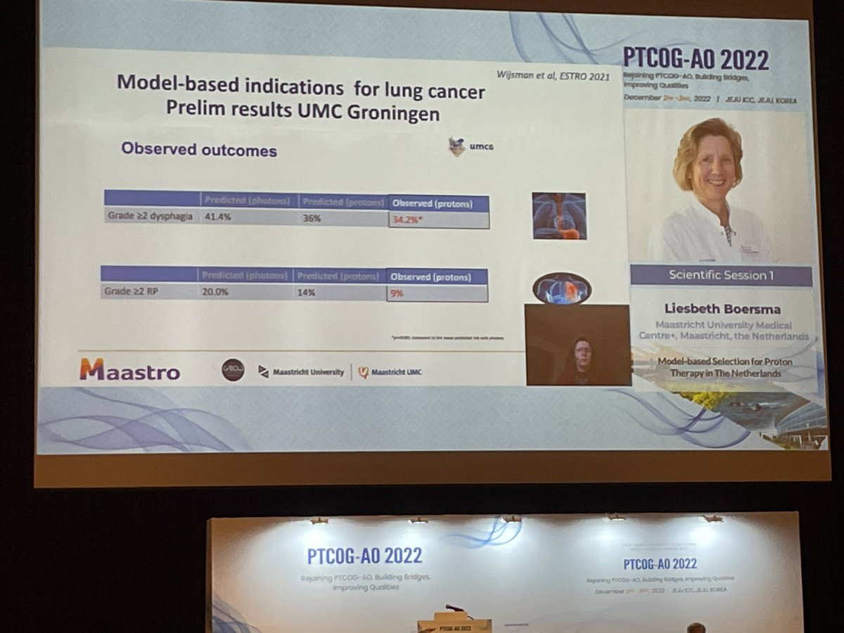 CGrassberger's tweet photo. 🎙️Great talk by Liesbeth Boersma about the Dutch model-based approach for proton patient selection:

- great model performance, see predicted vs observed dysph &amp; RP incidence! 📊

- they have a model for seminona!! @sophia_kamran 

Looking forward to prospective validation!! https://t.co/B3mr22lXJz