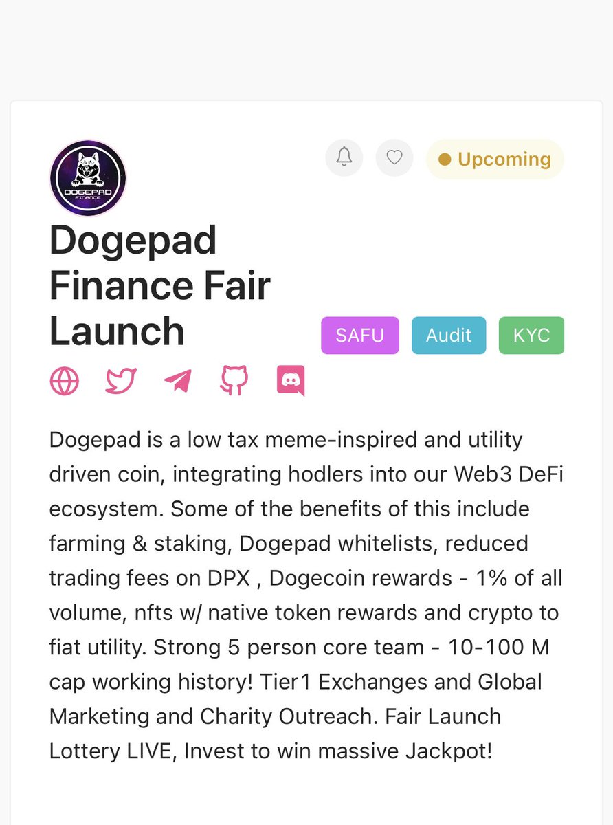 Dogepadfinance's tweet photo. Hey everyone. Our official Presale fairLaunch link is out🔥🔥. Kyc &amp; Audit done✅.    Marketing gonna be agressive 🚀🚀. Dont miss it presale on 7th December. https://t.co/w08HXZF0yX #DPF #Dogecoin #Altcoin #binance #Memecoin #elonmusk #passiveincome https://t.co/8Hr8NaYiSd