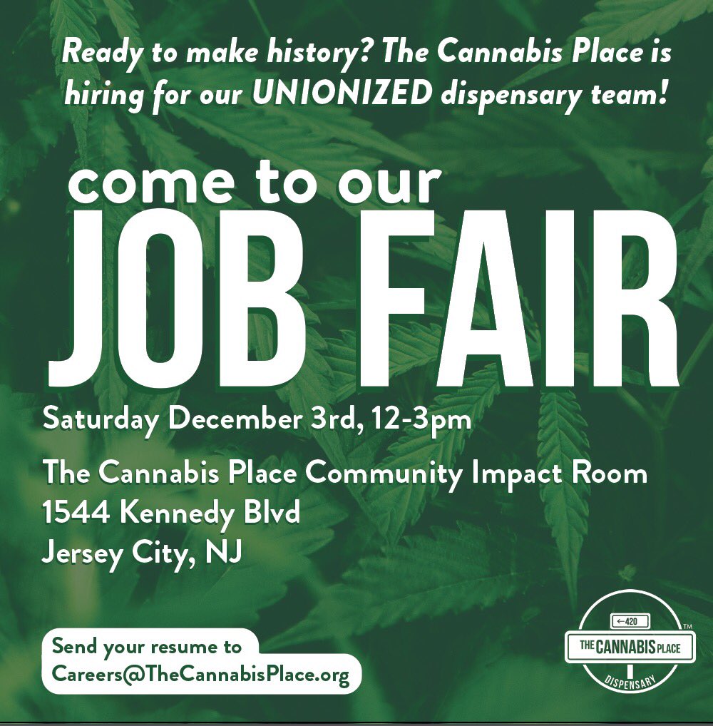 the_cannabis_pl's tweet photo. Come make history in @jerseycity with us tomorrow! We are having a job fair for the first ever #Dispensary that will launch as a #unionshop !
#UnionStrong #Hiring #CannabisCommunity #ForTheCulture @420JobsBoard @News12NJDesk @NewJerseyCRC @jerseyjournal @starledger @UFCW_CWR https://t.co/IYLdR86u7S