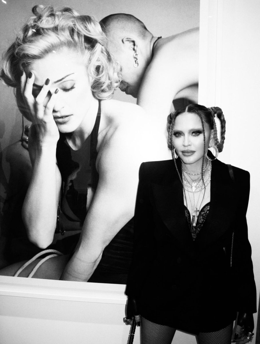 Madonna's tweet photo. Last night…… S E X on the beach was unforgettable 

Thank you @YSL and Anthony Vaccarello for all of your support 🖤 to all my friends and fam who showed up! https://t.co/rRs1RSYcEN