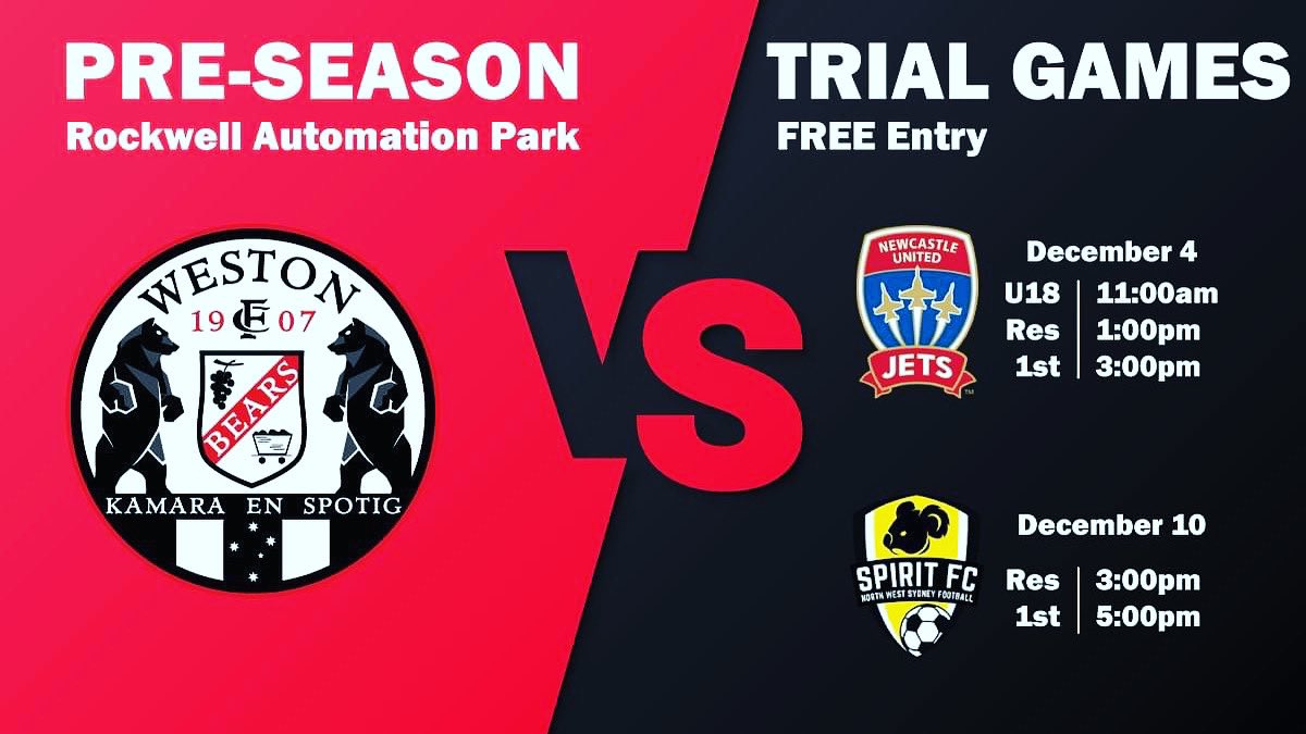Weston is in pre-season action this Sunday &amp; welcome the Jets to Rockwell Automation Park. Then next week newly promoted Sydney NPL 1 club, Spirit FC, visit and get their 2023 campaign underway. 
Entry is free with limited canteen and drinks outlets operating.
#COYB #TheGeordies
