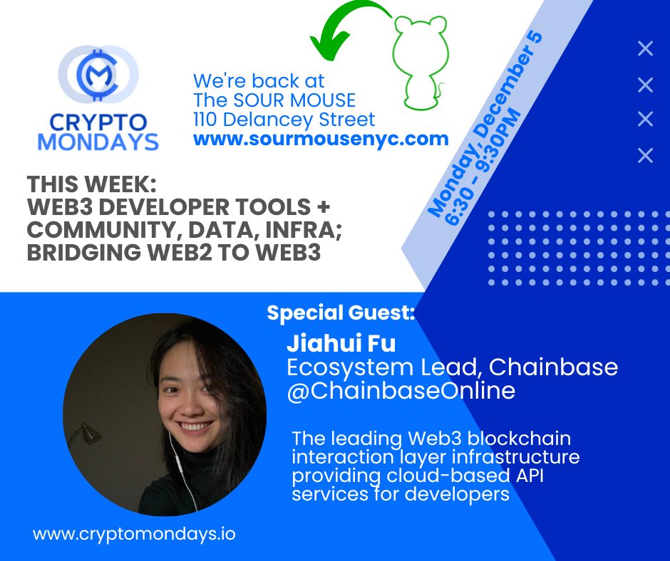 CryptoMondaysNY's tweet photo. Monday we're back on the LES at The Sour Mouse with guest Jiahui Fu, Ecosystem Lead @ChainbaseOnline. Come join us to learn about #Web3 infrastructure and API services. RSVP here- https://t.co/qUKRuaHnBD https://t.co/mim4xidmeJ