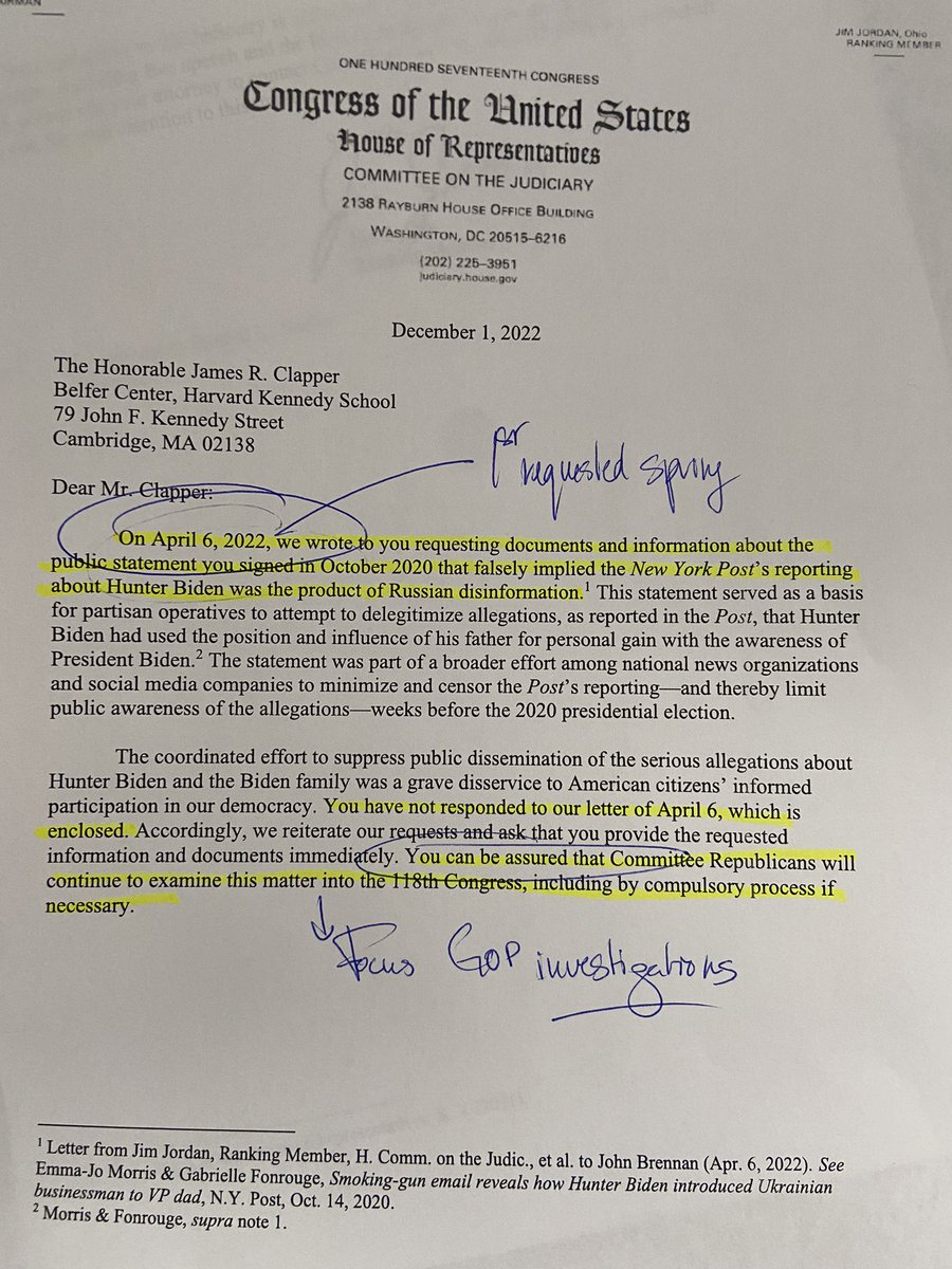C__Herridge's tweet photo. Letters to former DCIA Brennan + ODNI Clapper into October 2020 statement, signed by 5O former senior intel officials, that Hunter Biden laptop reporting had “classic earmarks” of Russian information operation.  This non-governmental assessment was cited by then candidate Biden… https://t.co/VasxTU8azN