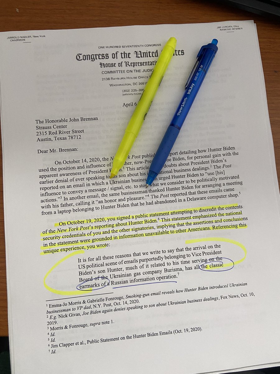 C__Herridge's tweet photo. Letters to former DCIA Brennan + ODNI Clapper into October 2020 statement, signed by 5O former senior intel officials, that Hunter Biden laptop reporting had “classic earmarks” of Russian information operation.  This non-governmental assessment was cited by then candidate Biden… https://t.co/VasxTU8azN