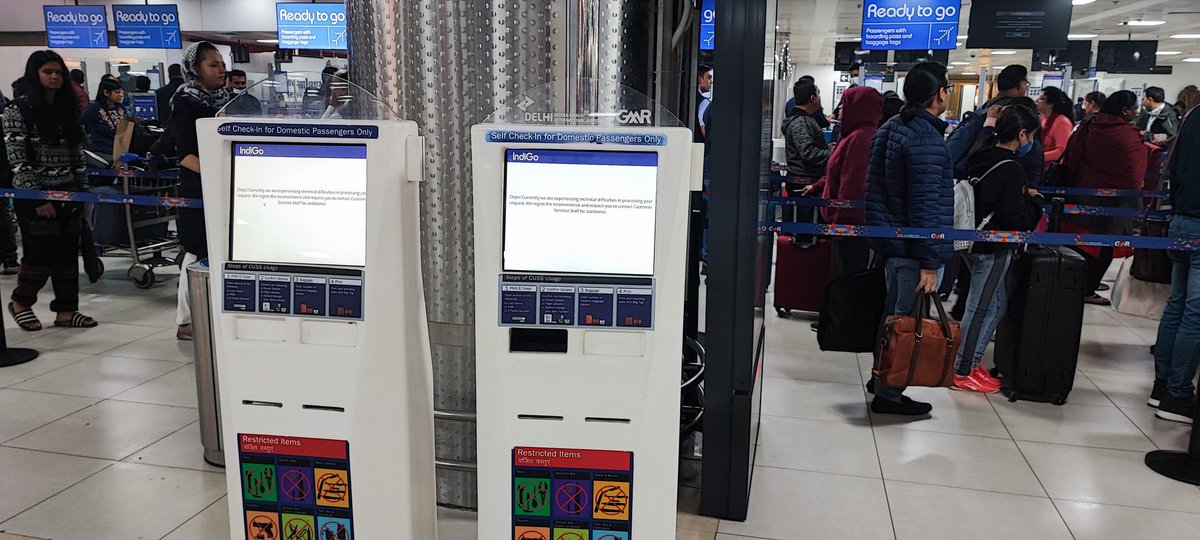 Aashu88's tweet photo. @DelhiAirport None of the CUSS machines are working at terminal 2 row No E and F. No one to assist either. Just to take a print you have to stand in a long queue. Indigo Airlines https://t.co/YUKNqMIZXf