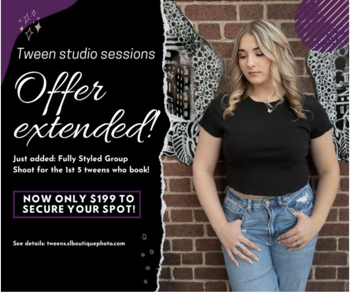 Extended! Bonus shoot added! Now only $199 to secure your spot! Details at tweens.slboutiquephoto.com. Give your tween the gift of confidence this holiday season!