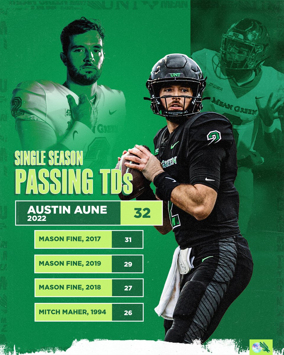 🚨 SCHOOL RECORD 🚨

Take a bow, Austin Aune. Now the UNT single-season touchdown pass leader, passing <a href="/Masonfine09/">Mason Fine</a>. 👏👏👏

#GMG 🟢🦅