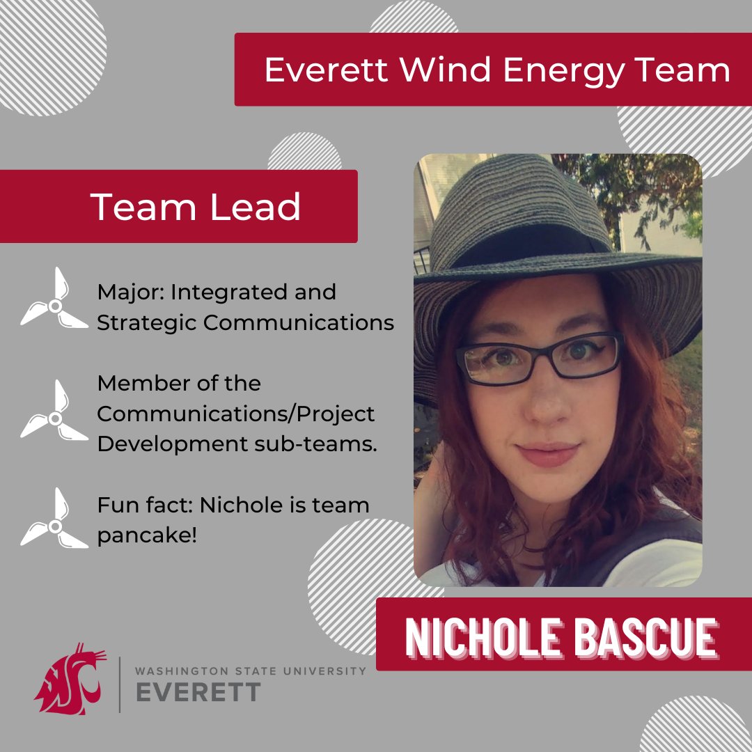 WindEverett's tweet photo. Meet Nichole Bascue! Majoring in Integrated Strategic Communications at WSU Everett, she joined the Wind Energy Team to bridge the gap between communications and STEM. Her favorite thing is watching live music, and she is a member of team pancake! #MeetTheTeam #EverettWindEnergy https://t.co/UxnBLSbntx