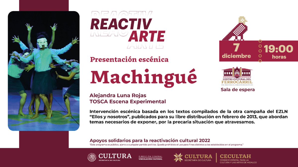 CulturaHidalgo's tweet photo. 🎭#Presentación #ReactivArte
¡Te invitamos a la presentación escénica "Machingué" de TOSCA Escena Experimental!
🏤Sala de espera del Centro Cultural del Ferrocarril 🚂
🗓️07 de diciembre|19:00h
¡Entrada libre! 🎟️
#PrimeroLaCultura https://t.co/a7nC0WGaq0