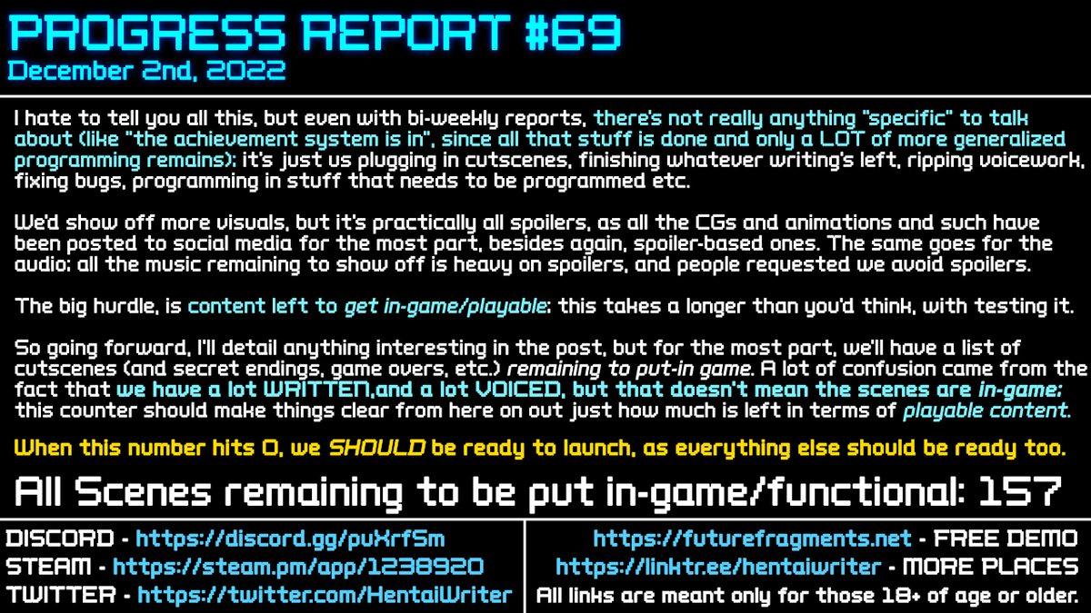 Bi-Weekly Progress Report #69 for Future Fragments!

More for this update is on Discord, at; https://t.co/TRxJBVz5Hm

STEAM - https://t.co/x0VOBBEMfd
FREE DEMO - https://t.co/37r2lmN4ul
MORE PLACES - https://t.co/UrPXIB0X3k

All links are meant only for those 18+ of age or older. https://t.co/ov5moxZquA
