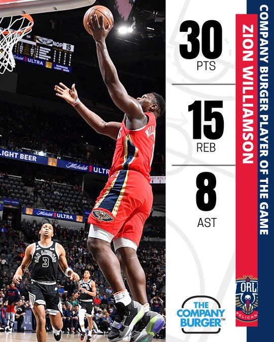 Justin (@propelstalk) on Twitter photo When you drop a damn stat line of 30/15/8 you get the <a href="/CompanyBurger/">The Company Burger</a> player of the game.
The Pelicans are a nightmare for the rest of the league. When you drop a damn stat line of 30/15/8 you get the <a href="/CompanyBurger/">The Company Burger</a> player of the game.
The Pelicans are a nightmare for the rest of the league.