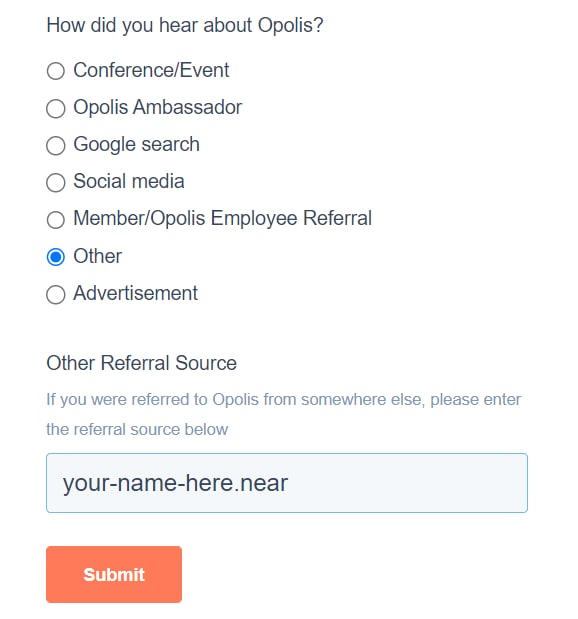 Step 1️⃣: Open connect.opolis.co/rachel/ and click “I’m Interested”

Step 2️⃣: Fill out the form, &amp; at bottom click “other” for referral source, &amp; put your NEAR name

Step 3️⃣ : Receive your bounty!