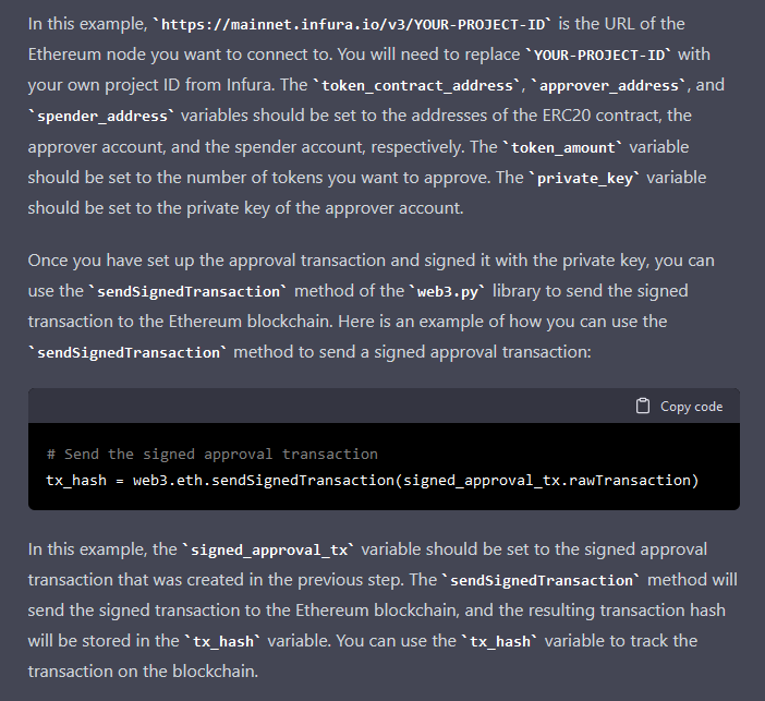 BowTiedPickle's tweet photo. Okay, ChatGPT just obliterates any excuse you have to not learn to code. I conversed with it for 5 minutes and I have a snippet of Python code that could probably send a well-formed token approval transaction to mainnet right now. It tells you how to use it, too. https://t.co/ABvEX9j9sj