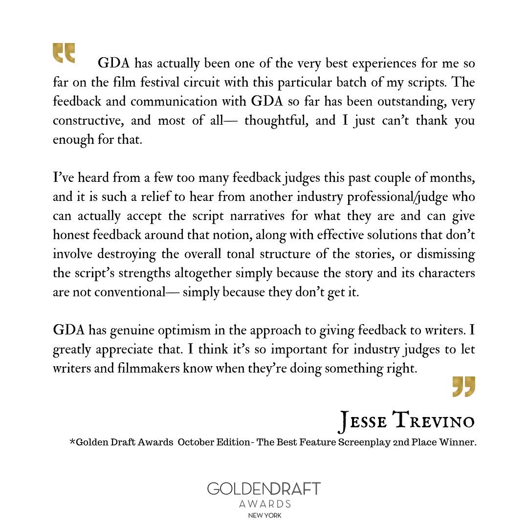 Golden Draft Awards! December Editions Submissions are OPEN!
You’ll receive complimentary feedback! Not a short one!! Filmfreeway.com/GDA