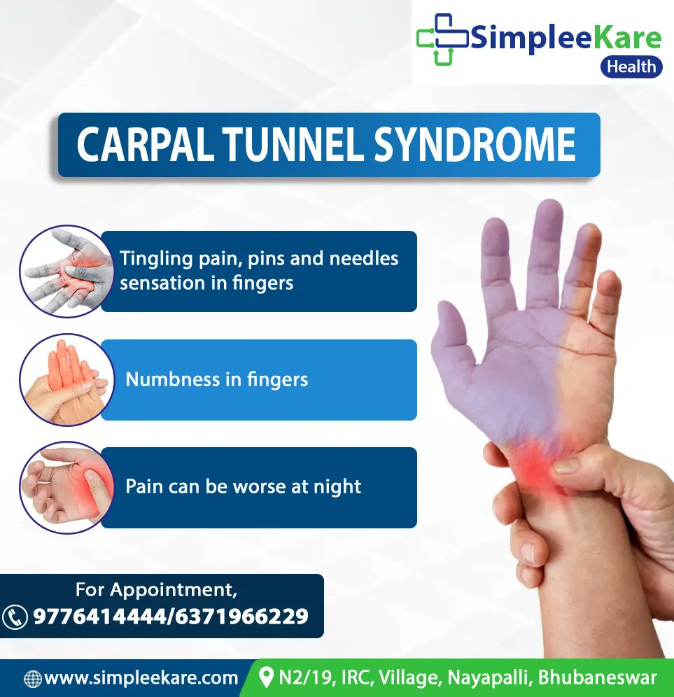 If you are experiencing such symptoms then consult with our Expert Specialist at SimpleeKare
Call: 9776414444/6371966229
Visit: simpleekare.com
Address: N2/19, IRC Village, Nayapalli, Bhubaneswar
#carpaltunnel #carpaltunnelsyndrom #numbnessinhand #PainInHand #simpleekare