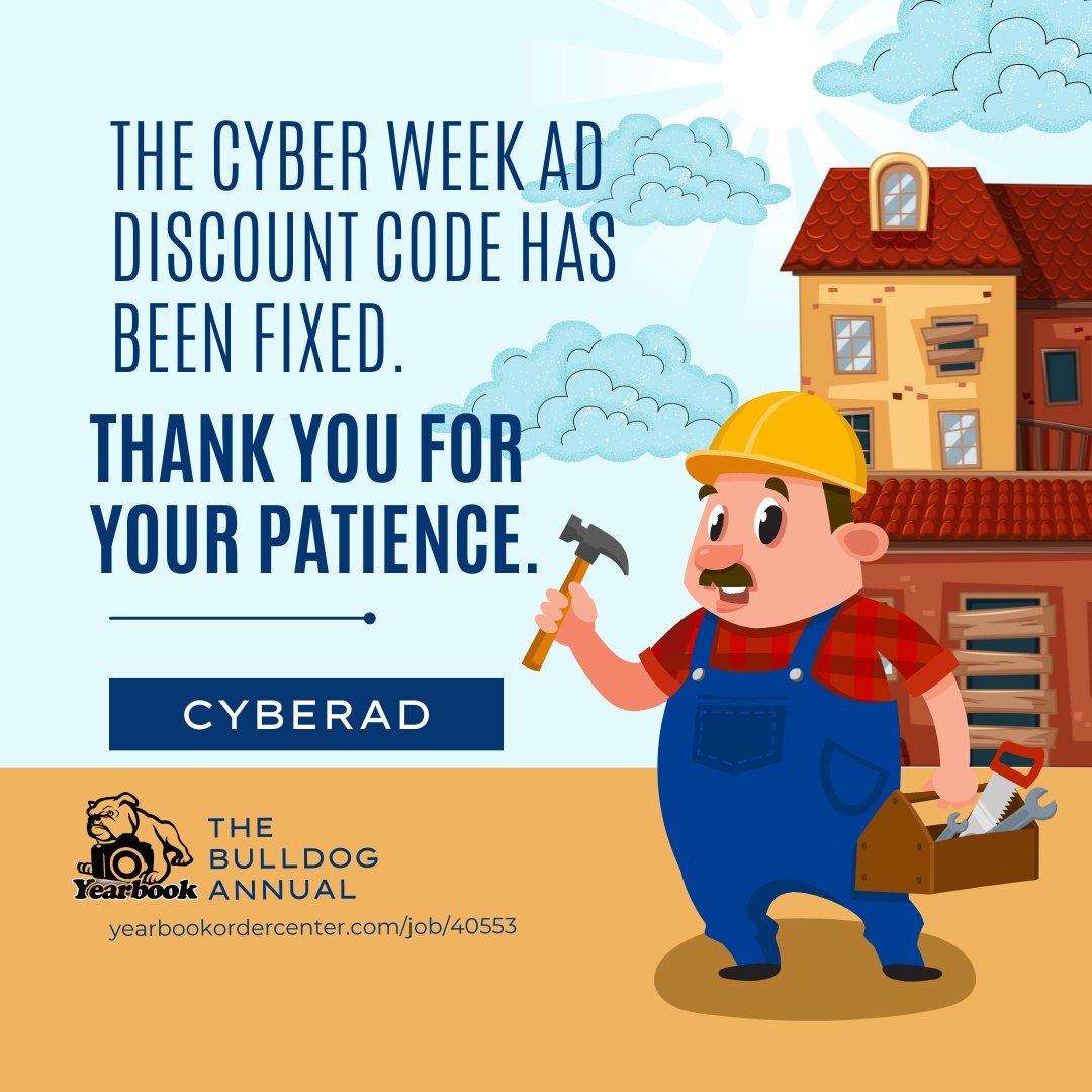 WayneYearbook's tweet photo. The yearbook staff was made aware today that the Cyberweek Senior Ad Discount code CYBERAD was not working properly.  This should now be fixed.  To say thank you we have extended the discount on online ad purchases through December 5. https://t.co/6qDplmTIhw