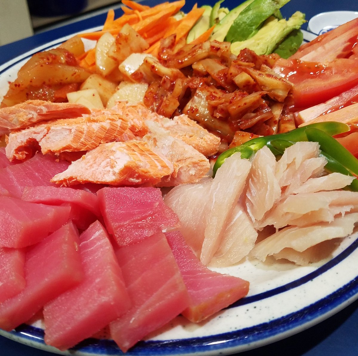 Hand-rolled sushi for tonight, starring tuna, mahi-mahi and salmon. I cooked the salmon, as it was from a local stream. Don't eat freshwater fish raw, just saying.