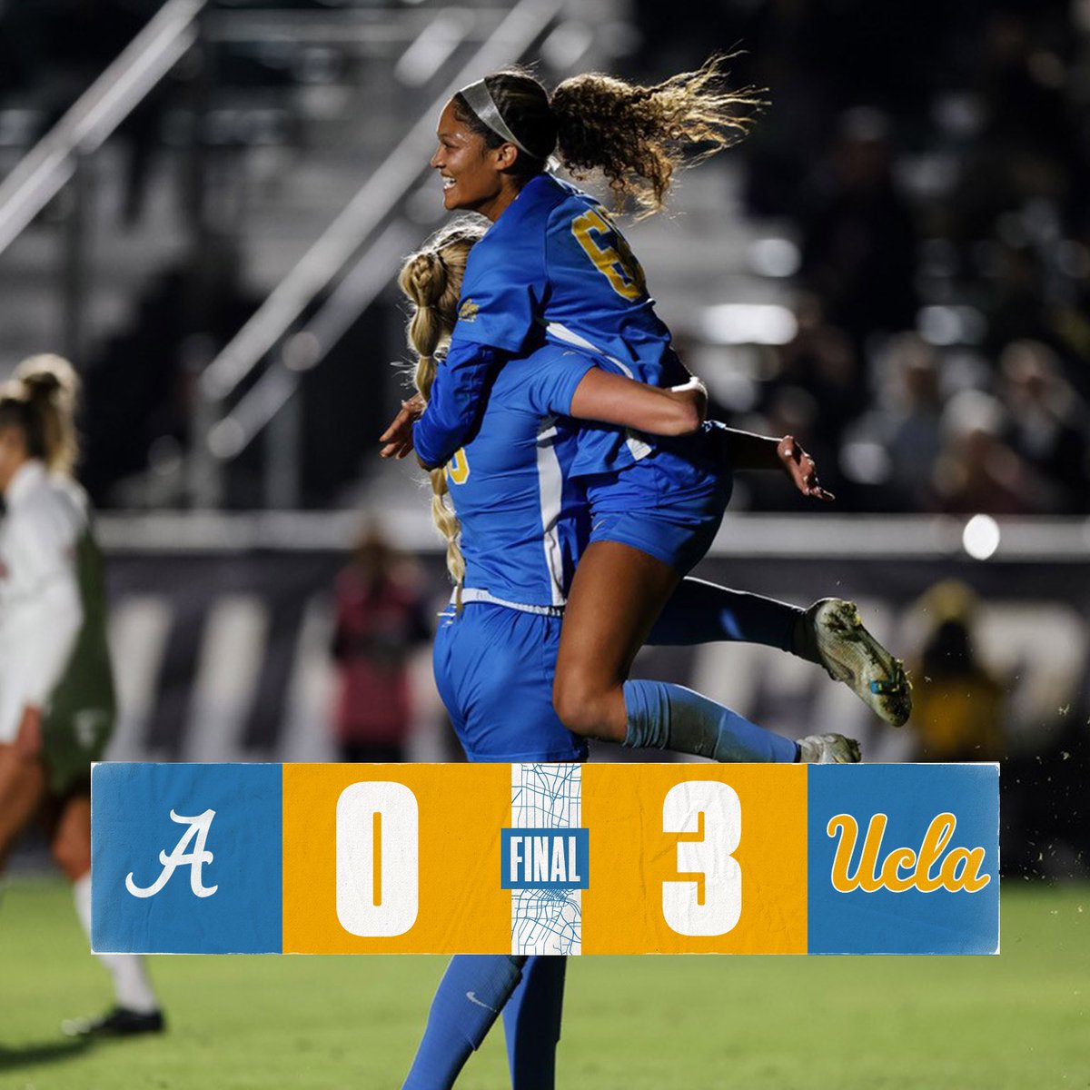 UCLAWSoccer's tweet photo. FINAL: UCLA 3, Alabama 0

The Bruins will play for the NCAA Championship on Monday against @uncwomenssoccer! 

⚽️: @reilynturner (30’)
⚽️: @QuincyMcMahon13 (52’)
⚽️: @MadelynDesiano (54’)

#GoBruins | #WCollegeCup https://t.co/KPtbX4ZRxq