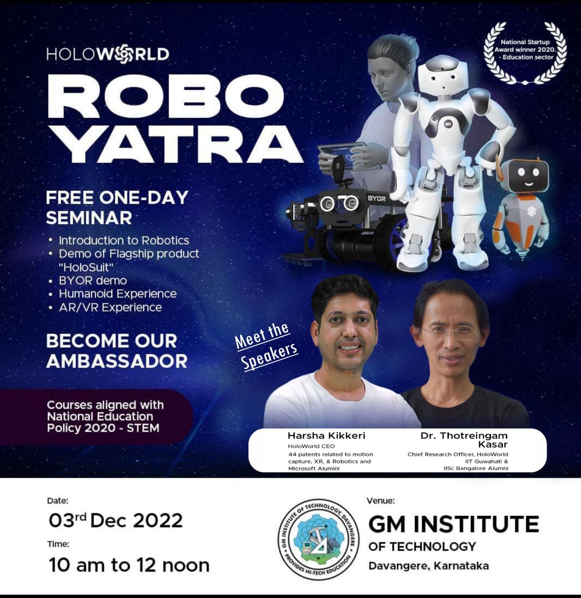 holoworld_one's tweet photo. Day 3 at GM institute of technology, Davangere, Karnataka.
.
.
.
Fill up the form to invite us to your institute.
https://t.co/XqrGyCMltT
#HoloWorld #roboyatra #byor #HoloSuit #robotics https://t.co/6HRhF5iY6f