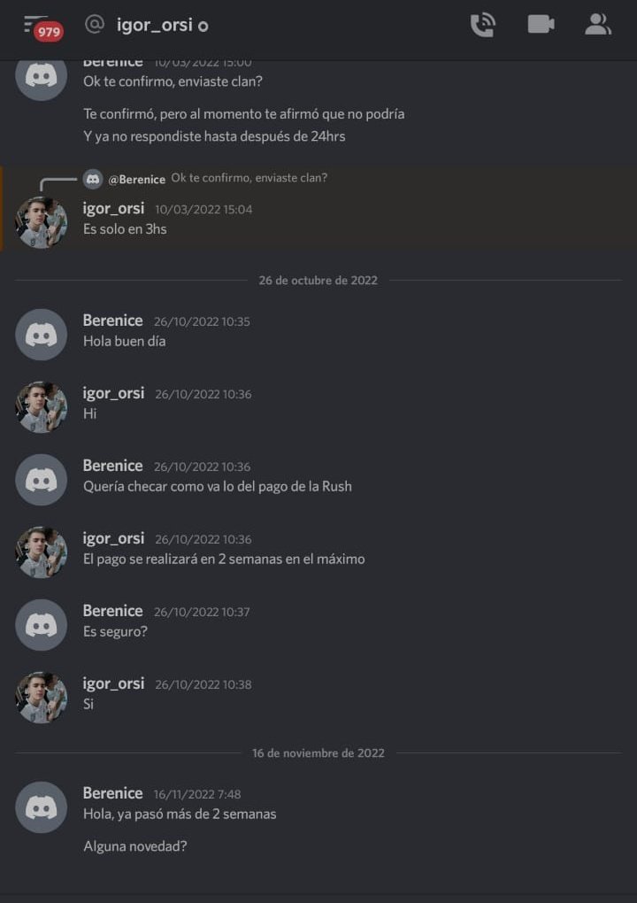 #CR ⛔️DENUNCIA⛔️

Hacemos pública la estafa que hemos sufrido por parte de <a href="/RushLeague_of/">Rush League</a> en donde quedamos subcampeones mereciendo 30USD, el organizador <a href="/Igor_orsi/">IGOR</a> quedó en pagarnos poniendo un plazo y hasta ahora no hemos recibido dicho premio.