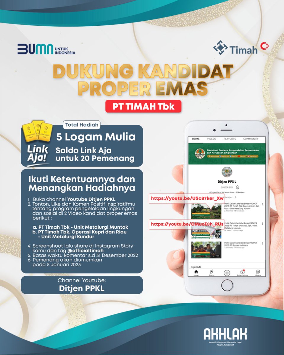 Official_TIMAH's tweet photo. #sobatTINS, Yuk! Dukung Unit Metalurgi Muntok dan  Unit Metalurgi Kundur raih PROPER EMAS Tahun 2022. 

Caranya ada di Instagram Official PT Timah Tbk ya sob.

#giveaway
#Tins
#properemas
#kuis
#bumnuntukindonesia https://t.co/d7bbqZxdxO