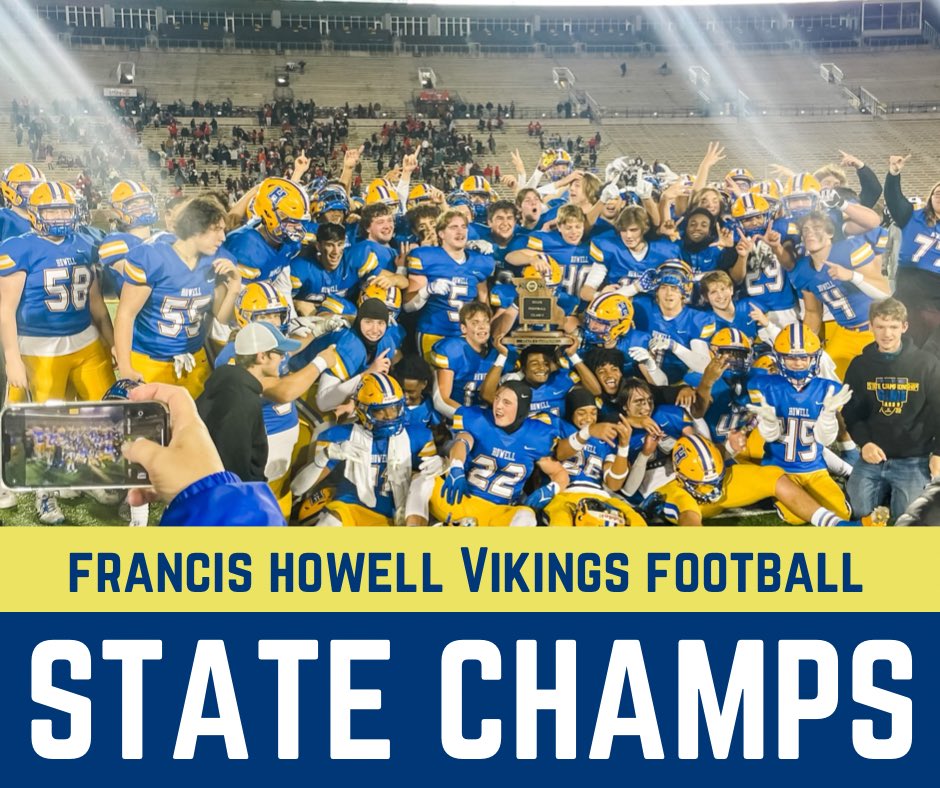FrancisHowell (@francishowell) on Twitter photo 🏆 𝐒𝐓𝐀𝐓𝐄 𝐂𝐇𝐀𝐌𝐏𝐈𝐎𝐍𝐒 🏆
For the first time in program history, our Francis Howell Vikings are the <a href="/MSHSAAOrg/">MSHSAA</a> 2022 Division 5 Football State Champions!
Final: Howell 49 Fort Osage 21. CONGRATS <a href="/Howell_FB/">Howell Football</a> <a href="/FHVikings/">Howell Vikings</a> 🏆 𝐒𝐓𝐀𝐓𝐄 𝐂𝐇𝐀𝐌𝐏𝐈𝐎𝐍𝐒 🏆
For the first time in program history, our Francis Howell Vikings are the <a href="/MSHSAAOrg/">MSHSAA</a> 2022 Division 5 Football State Champions!
Final: Howell 49 Fort Osage 21. CONGRATS <a href="/Howell_FB/">Howell Football</a> <a href="/FHVikings/">Howell Vikings</a>
