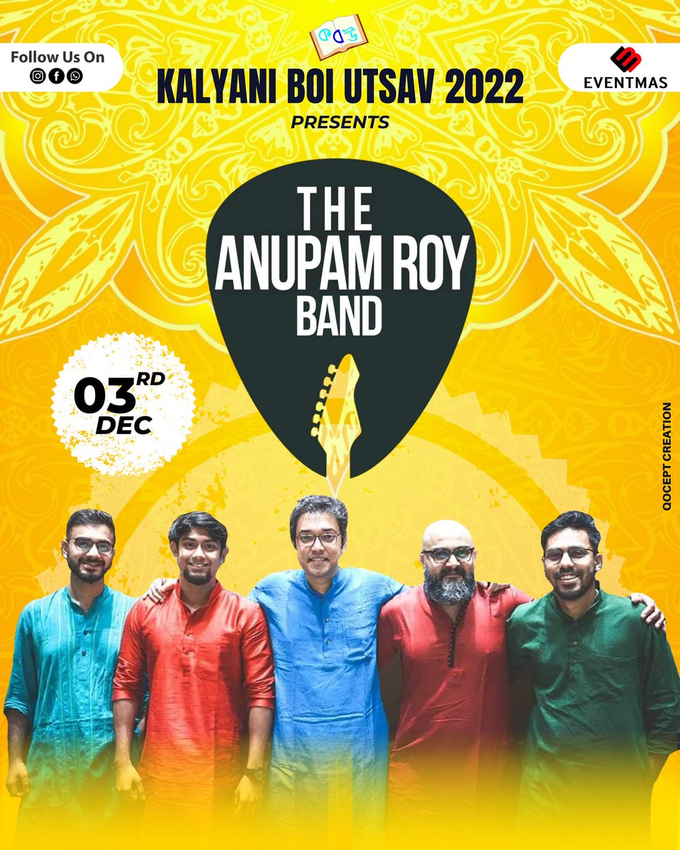 EventmasIndia's tweet photo. Event Update :
Catch The @aroyfloyd Band live performance tonight at Kalyani Boi Utsav !
.
.
#Eventmas #Tarb #AnupamRoy #TeamEventmas #EventmasExclusive #TalentManagement #Live #WeCreateYouCelebrte https://t.co/qz7EkCXna4