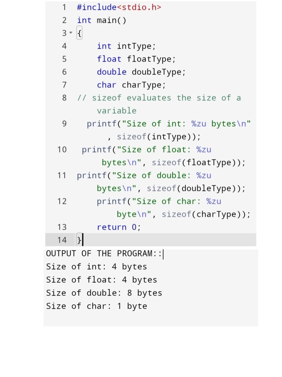 Tanukum6's tweet image. #day 42
#100daysofcoding 
#10daysofcode
#C #programming #languafe
C program to find the size of int,float, double, character