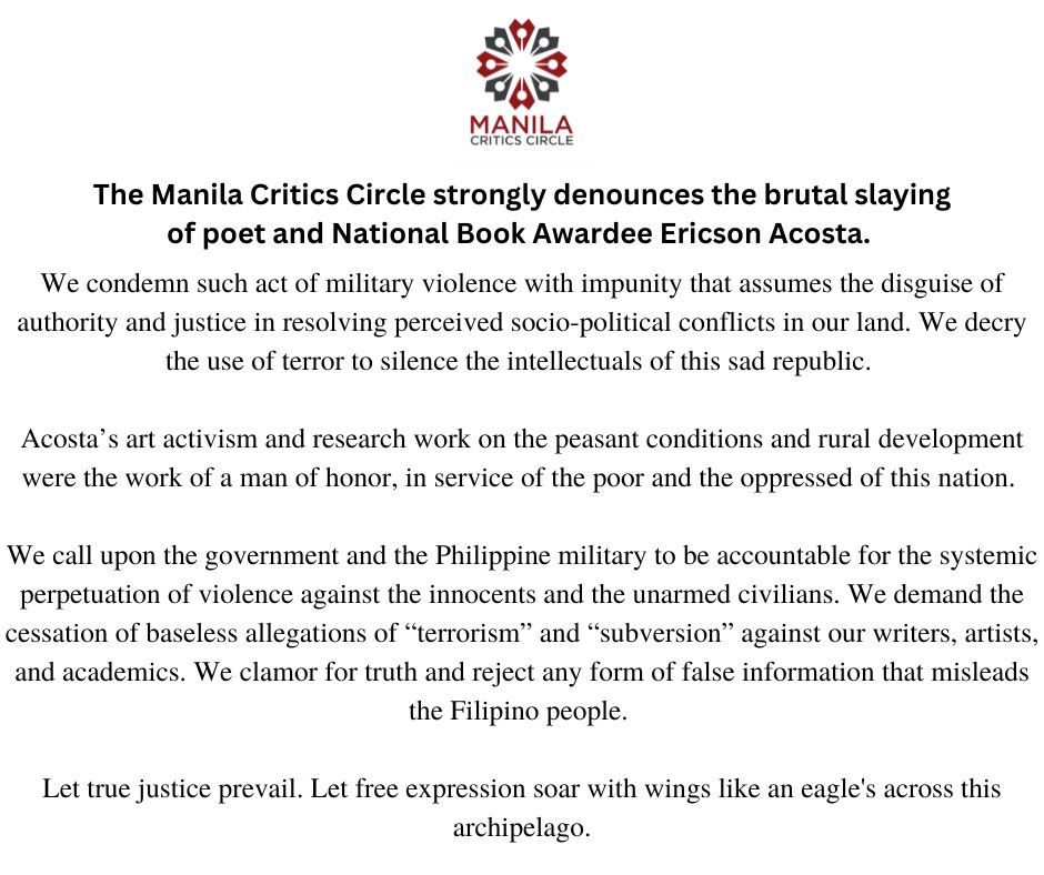 ManilaCritics's tweet photo. #MCC #ManilaCriticsCircle Statement on the slaying of poet #EricsonAcosta https://t.co/HEhSHDbV8v