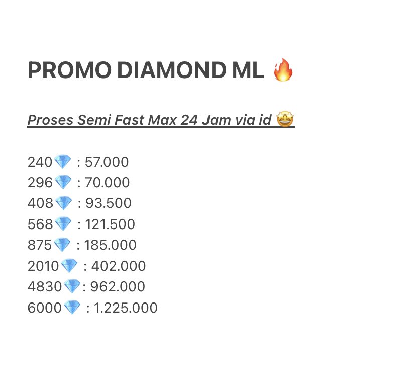 PROMO DIAMOND DM ML 🔥🔥🔥

Slow - Semi Fast
Order sabar ya kakk, no reff 🫶🏻
Via id server, legal

order ke dm/wa, mention setelah dm. fast resp ke wa ajaa 💞
h. wtb wts diamond dm ml legal aspirant
#zonauang #zonajajan