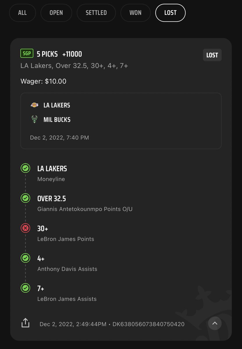 stonkssandstuff's tweet photo. Lebron folded for me 🥲#sportsbettingtwitter #sportsbettingtwitter #DraftKings #Parlay https://t.co/EvNwWgSuvP