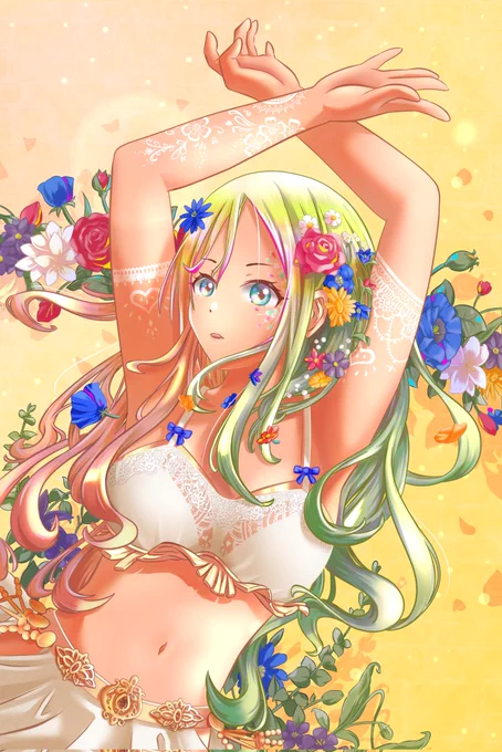 イラストコンテスト用の絵完成です(⑉•ᴗ•⑉)•*¨*色の組み合わせ、華やかさに重点をおいて仕上げてみました。良ければ見てくださると嬉しいです(*˙︶˙*)ஐ✩.˚#イラスト 