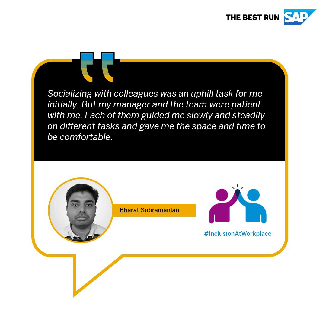 saplabsindia's tweet photo. #SAPLabsIndia’s groundbreaking ‘Autism at Work’ programme has been fostering a culture of #inclusivity &amp; equal #opportunities at the workplace. Meet our champions, Kiran Venkataramanappa and Bharat Subramanian who are spearheading this movement. 

#InclusionAtWorkplace https://t.co/uzKT5C8apI
