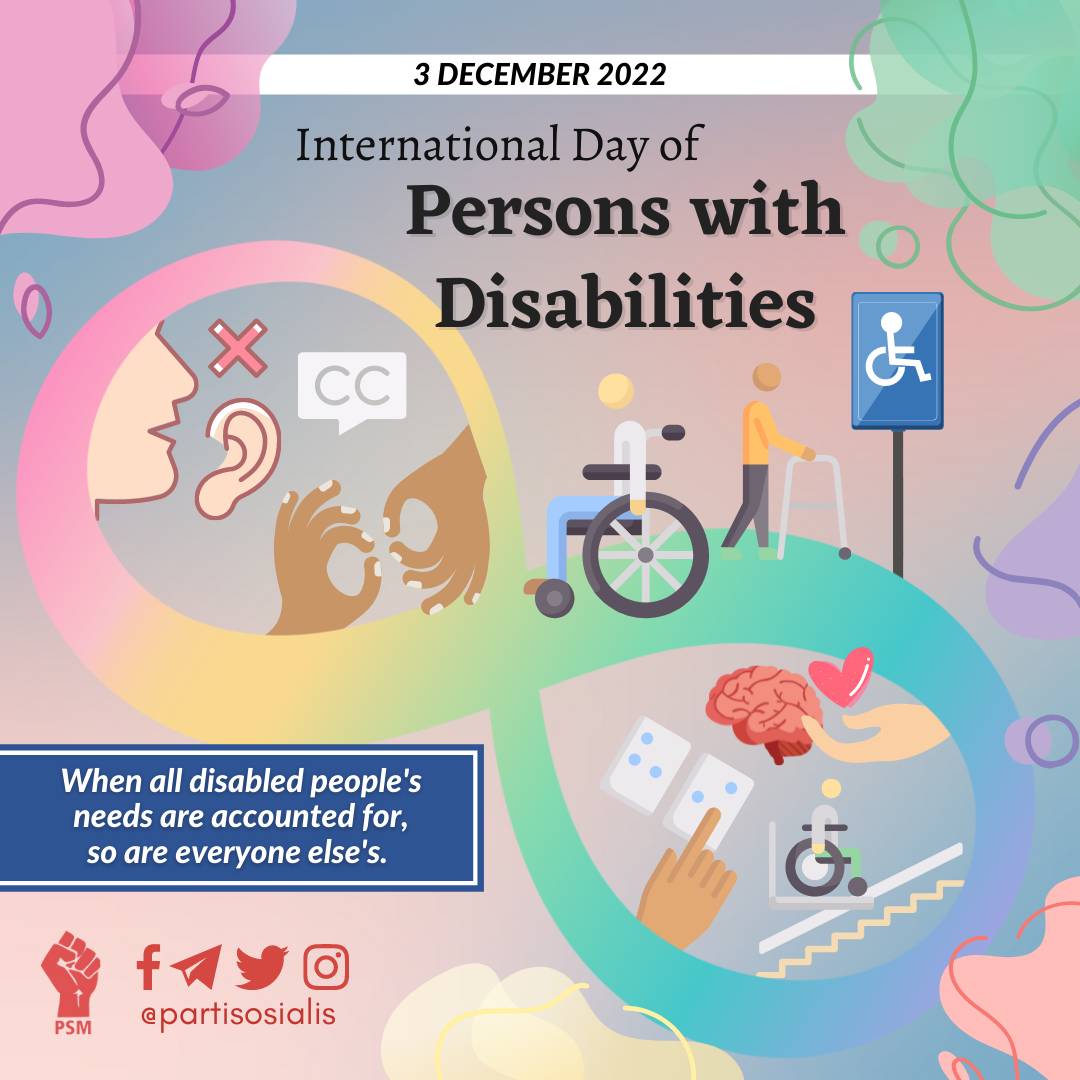 partisosialis's tweet photo. Happy International Day of Persons with Disabilities. 

All year round, the #disabled community deserve to be seen, heard, and to live in an accessible society. May the fight for #DisabilityJustice continue.

#PWD #DisabilityInclusion #PersonsWithDisabilitiesDay https://t.co/kTHsByHNfz