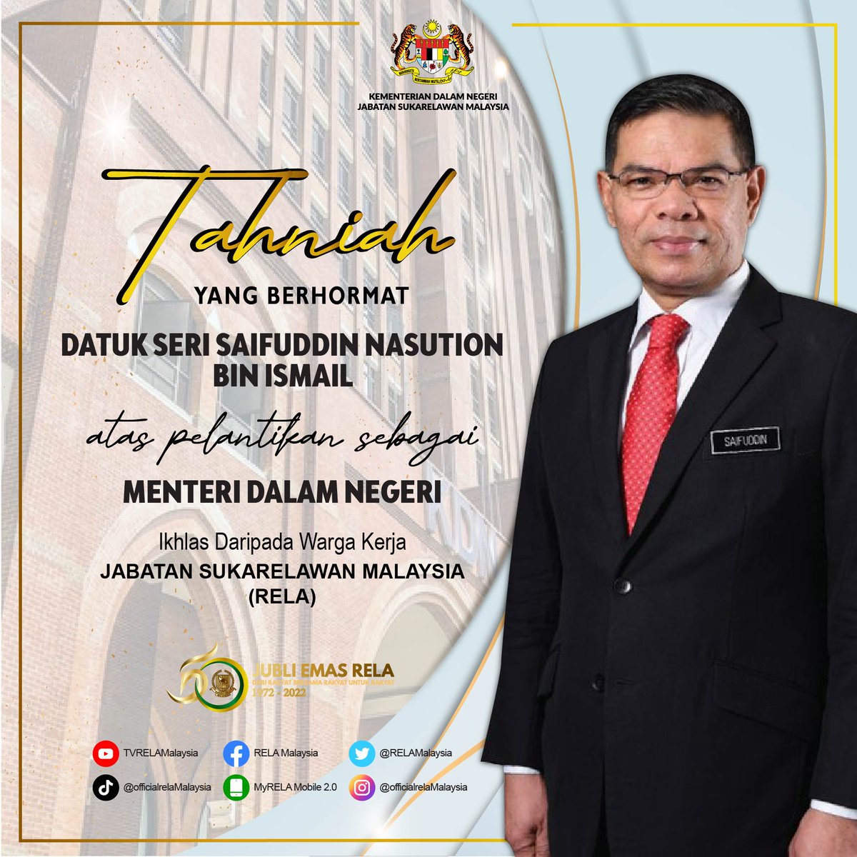 Kami warga kerja Jabatan Sukarelawan Malaysia (RELA) merakamkan setinggi² Tahniah &amp; Selamat Bertugas buat YB Datuk Seri Saifuddin Nasution Ismail ats pelantikan sbg Menteri Dalam Negeri.
#SetiaBerbakti #JubliEmasRELA #RELAMalaysia

<a href="/saifnasution/">Saifuddin Nasution Ismail</a> <a href="/KDNPUTRAJAYA/">KDN🇲🇾</a> <a href="/wandahlan/">Wan Ahmad Dahlan</a> <a href="/yahyakgc/">Yahya Sulaiman</a>