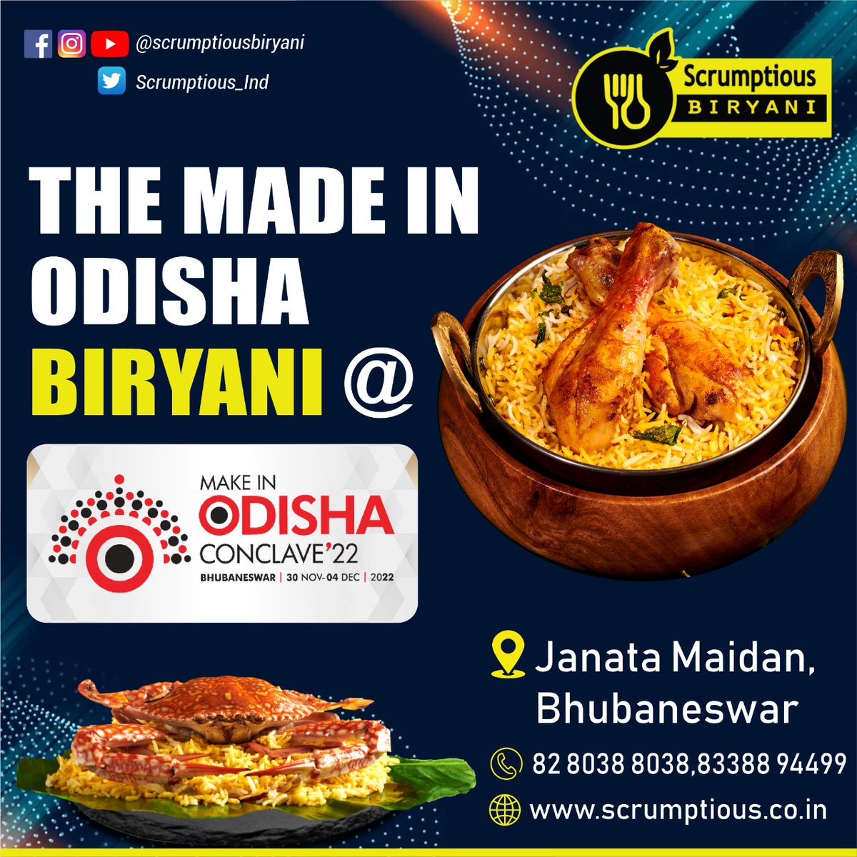 scrumptious_ind's tweet photo. Made in #Odisha but Trending Worldwide..!!

Your favorite #ScrumptiousBiryani is @ Make in Odisha Conclave 22, Janata Maidan, #Bhubaneswar .

Visit us at the Food Court!
✆  8280388038 / 83388 94499  
🌐 https://t.co/TPlvRCa072

#MakeInOdisha #MakeinOdishaConclave #Biryani #food https://t.co/FVjRUoBtDF