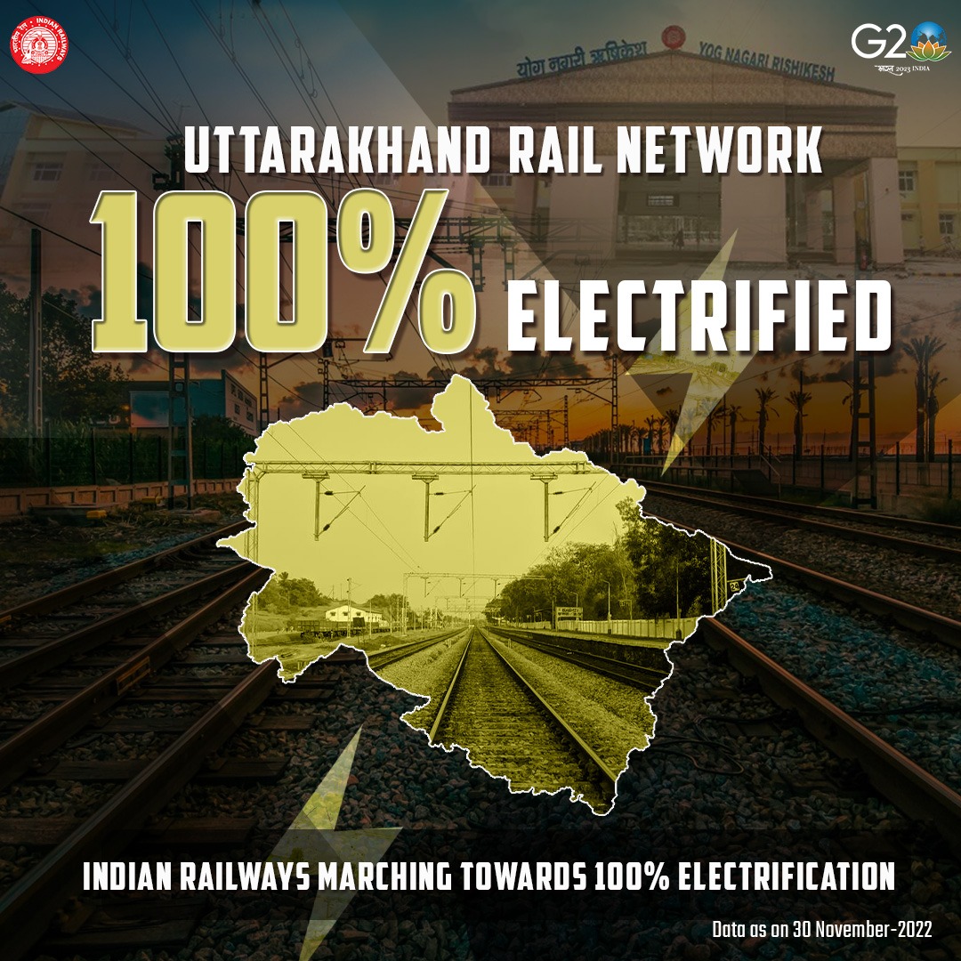 Marching towards 100% Electrification With electrification of Moradabad- Ramnagar (72 RKM) section of @RailwayNorthern, rail network in Uttarakhand is now fully electrified. # NetZeroCarbonEmission