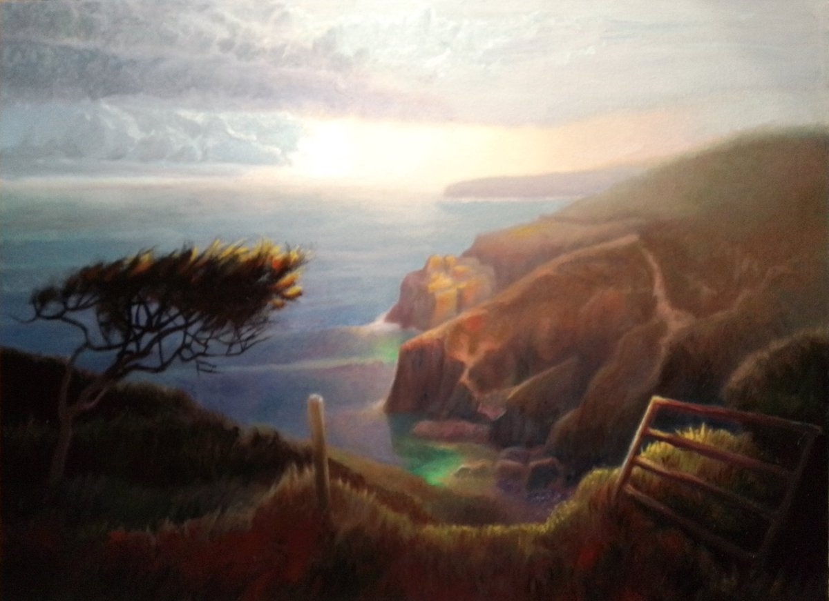 Large studio painting of Pwll Caerog in Pembrokeshire. Based on a plein air study from last year. Oil on canvas, 60 x 80 cm.                   #pembrokeshirecoast #clifftop #coastalpath #oilpainting #artwork #art #artist #landscapepainting #studiopainting #atmosphericpainting