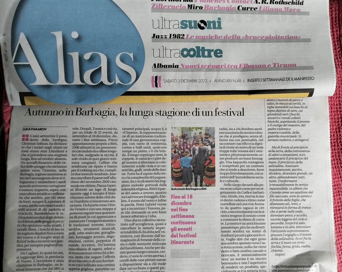 Reportage da Autunno in Barbagia in Sardegna, oggi su #alias de <a href="/ilmanifesto/">il manifesto</a>. L’impressione è stata che ogni sorriso fosse un sincero benvenuto e non l’aspettativa di venderti un prodotto, specialmente se è la propria terra.