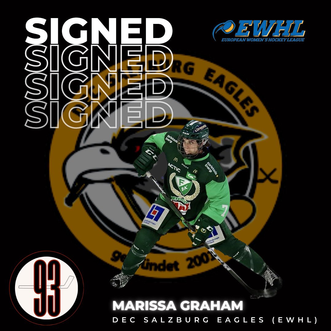 93HkyServices's tweet photo. Congratulations to 🇨🇦 Marissa Graham on signing in the EWHL 🇪🇺 with the DEC Salzburg Eagles 🇦🇹 for the remainder of the season! Marissa was originally set to play in the SDHL 🇸🇪 with Göteborg HC but due to the team folding, will now represent the Eagles! #93HS 👊🏻🏒🔥 https://t.co/QQH3VBJlfQ