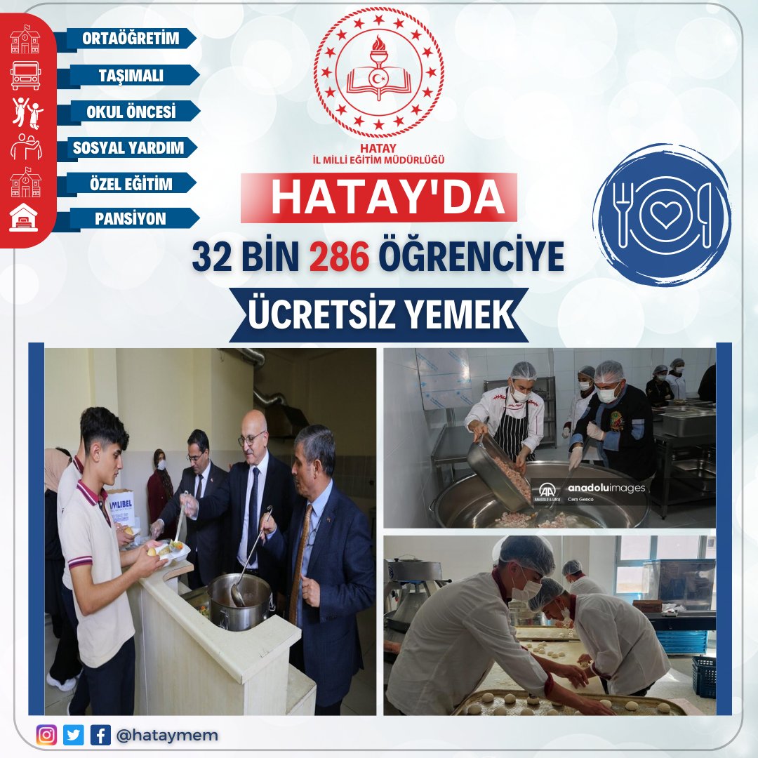 📍Hatay’da 3️⃣2️⃣.2️⃣8️⃣6️⃣ Öğrenciye Ücretsiz Yemek🍽️ 

📌Ortaöğretim
📌Taşımalı 
📌Okul Öncesi
📌Sosyal Yardım
📌Özel Eğitim
📌Pansiyon
<a href="/tcmeb/">Millî Eğitim Bakanlığı</a> 
<a href="/hatayvaliligi/">T.C. Hatay Valiliği</a> 
<a href="/seyitalibuyuk/">Seyit Ali Büyük</a> 
#hataymem